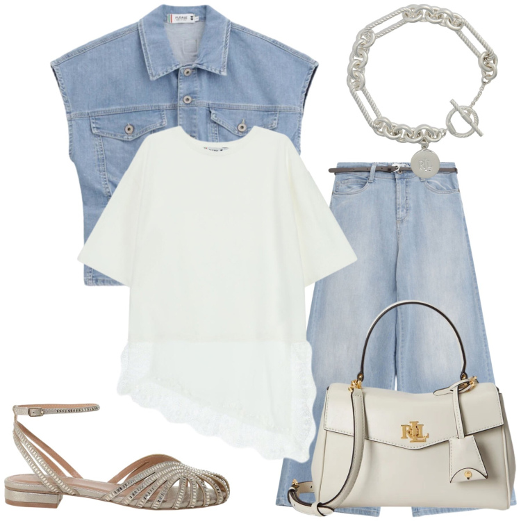 Outfit donna - Total look #2411002. Stile Casual chic per Tutti i giorni. Abbinamento con gilet, top, jeans, borse a mano, braccialetti, sandali.
