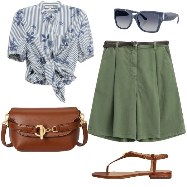 Outfit donna - Passeggiata. Stile Casual chic per Tutti i giorni. Abbinamento con shorts, camicie a manica corta, sandali in pelle, occhiali da sole, borse a tracolla.