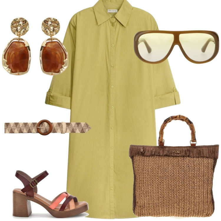 Outfit donna - Chemisier. Stile Glamour per Tutti i giorni. Abbinamento con vestiti chemisier, cinture, occhiali da sole, orecchini, sandali col tacco, borse a mano.