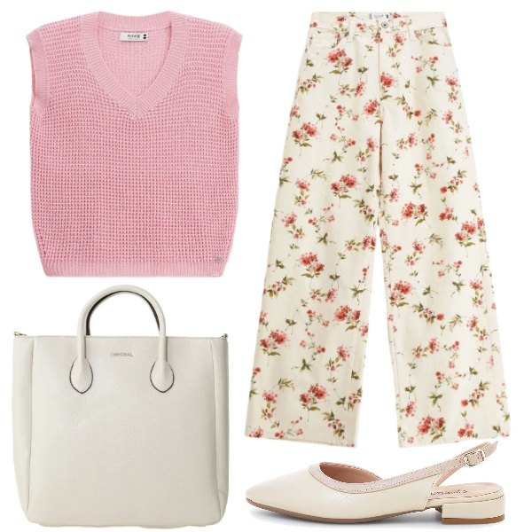 Outfit donna - Pantalone a fiori. Stile Romantica per Tutti i giorni. Abbinamento con borse a tracolla, pantaloni a palazzo, top, sandali.