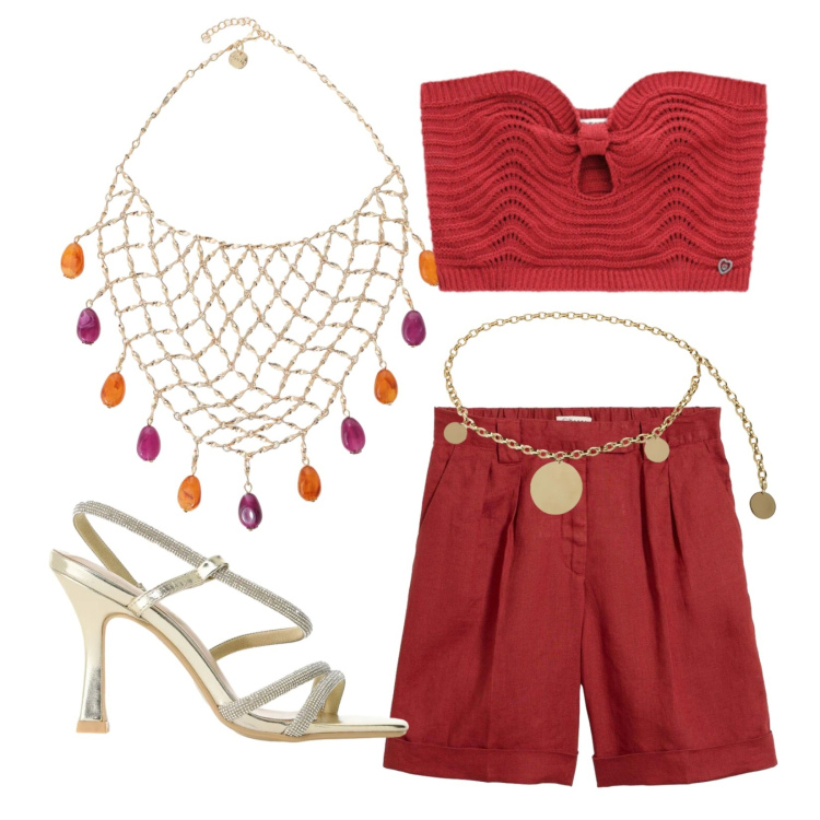 Outfit donna - Summer mood. Stile Chic per Serata fuori. Abbinamento con bermuda, sandali col tacco, top, cinture, collane.