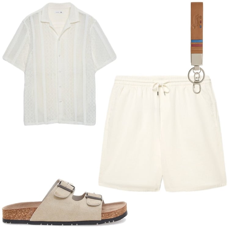 Outfit uomo - Colori chiari. Stile Casual per Tutti i giorni. Abbinamento con camicie a manica corta, shorts, portachiavi, sandali.