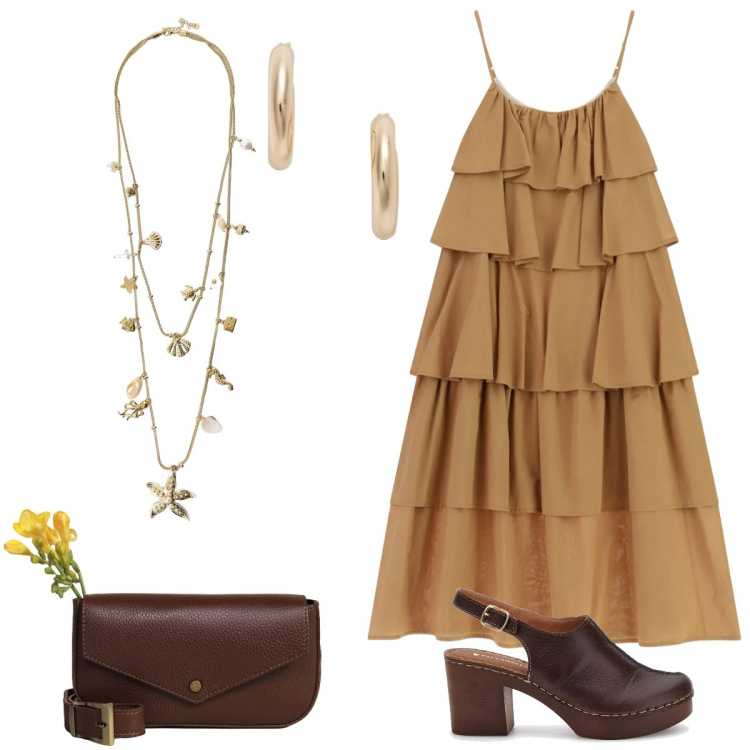 Outfit donna - Total look #2411018. Stile Boho per Tutti i giorni. Abbinamento con collane, vestiti lunghi, borse a tracolla, orecchini, zoccoli.