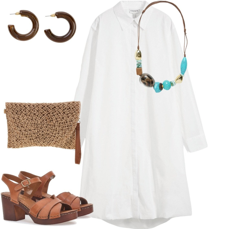 Outfit donna - Sandali in pelle. Stile Boho per Tutti i giorni. Abbinamento con vestiti chemisier, orecchini, collane, sandali in pelle, borse a tracolla.