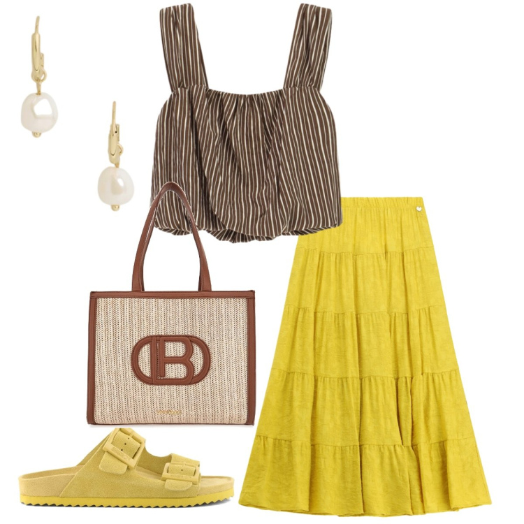 Outfit donna - La gonna a balze. Stile Etnico per Tutti i giorni. Abbinamento con gonne lunghe, top, orecchini, sandali in pelle, borse a spalla.