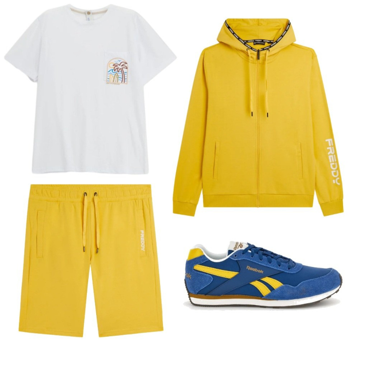 Outfit uomo - G. Colori caldi Freddy. Stile Urban per Sport. Abbinamento con t-shirt, felpe con cappuccio, pantaloni corti, sneakers.