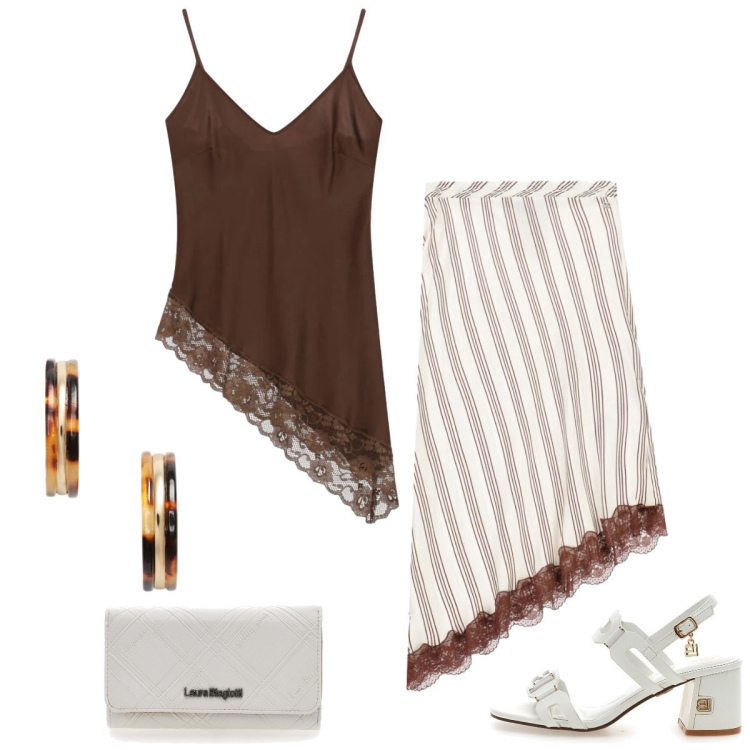 Outfit donna - Total look #2411023. Stile Chic per Tutti i giorni. Abbinamento con top, gonne longuette, orecchini, portafogli, sandali col tacco.
