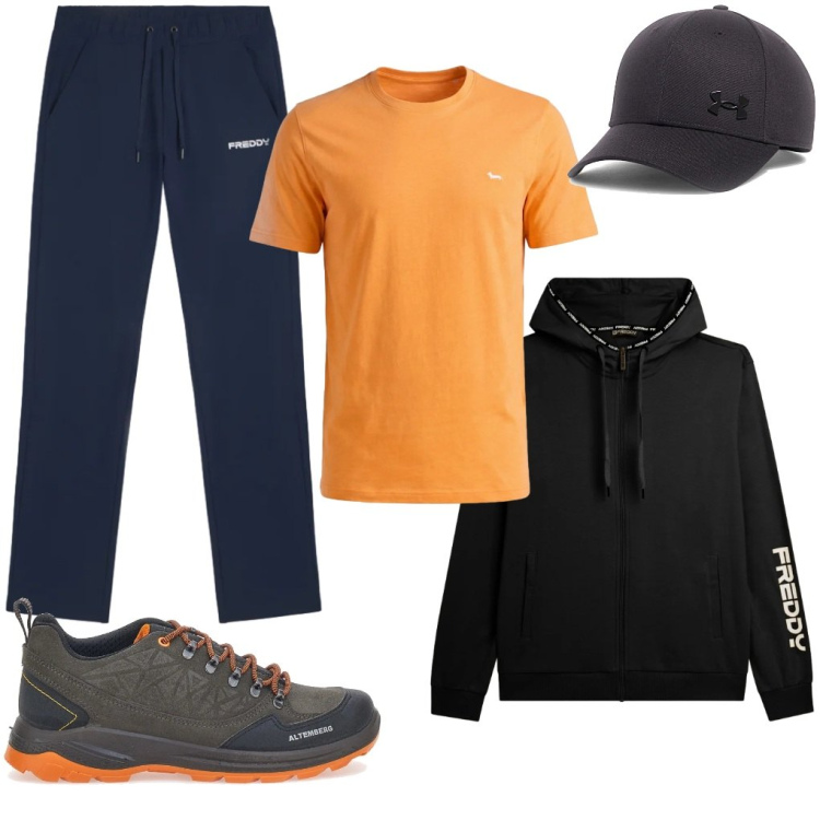 Outfit uomo - G. Camminata in montagna. Stile Urban per Tutti i giorni. Abbinamento con t-shirt, felpe con cappuccio, pantaloni sportivi, stivali e stivaletti, cappelli con visiera.