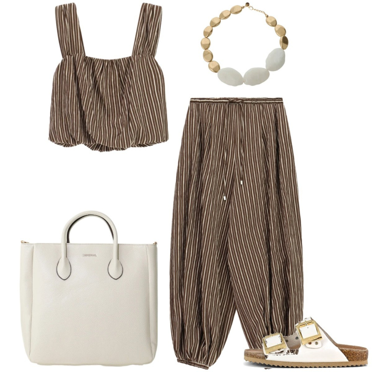 Outfit donna - Total look #2411027. Stile Boho per Tutti i giorni. Abbinamento con borse a tracolla, pantaloni a palazzo, top, collane, sandali.