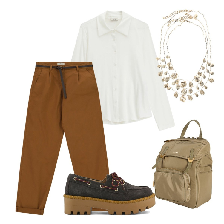 Outfit donna - Caramello primavera ufficio giugno. Stile Basic per Ufficio. Abbinamento con zaini, camicie, collane, pantaloni, mocassini.
