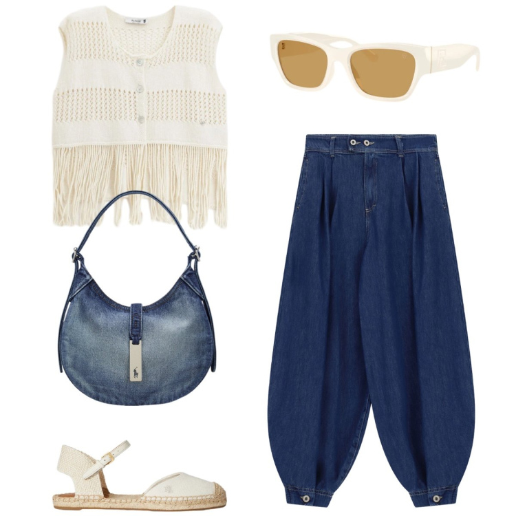 Outfit donna - Total look #2411031. Stile Boho per Tutti i giorni. Abbinamento con jeans, top, espadrillas, borse a spalla, occhiali da sole.