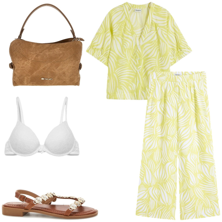Outfit donna - Total look #2411033. Stile Casual chic per Tutti i giorni. Abbinamento con pantaloni a palazzo, camicie a manica corta, reggiseni push-up, sandali, borse a tracolla.