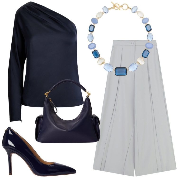 Outfit donna - Total look #2411034. Stile Chic per Serata fuori. Abbinamento con pantaloni a palazzo, bluse, borse a spalla, décolleté, collane.