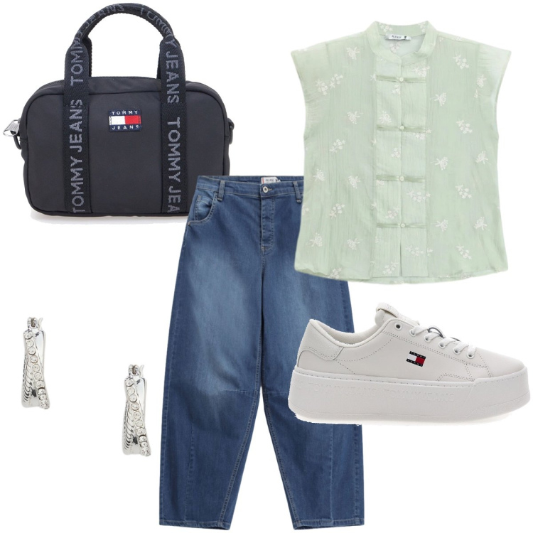 Outfit donna - Total look #2411035. Stile Basic per Tutti i giorni. Abbinamento con camicie a manica corta, jeans, orecchini, sneakers, borse a tracolla.