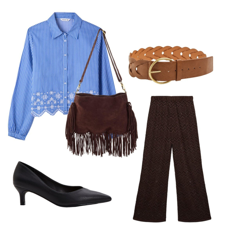 Outfit donna - Ufficio giugno. Stile Casual chic per Ufficio. Abbinamento con décolleté, borse a tracolla, cinture, camicie, pantaloni.