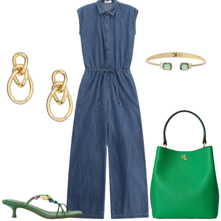 Outfit donna - Total look #2411037. Stile Casual chic per Tutti i giorni. Abbinamento con tute, sandali gioiello, orecchini, borse a secchiello, braccialetti.