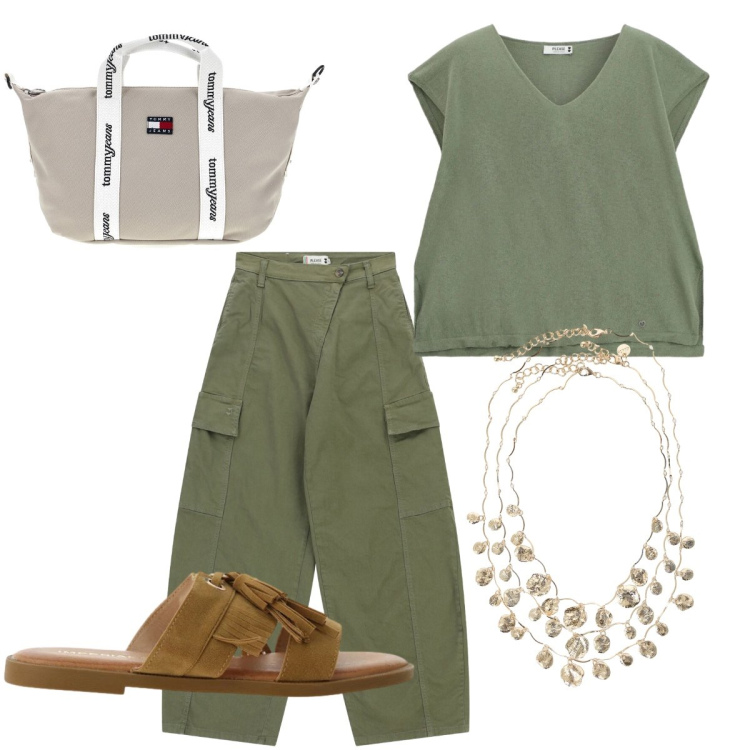 Outfit donna - Easy in verde. Stile Basic per Tutti i giorni. Abbinamento con sandali, collane, pantaloni cargo, top, shopping bag.