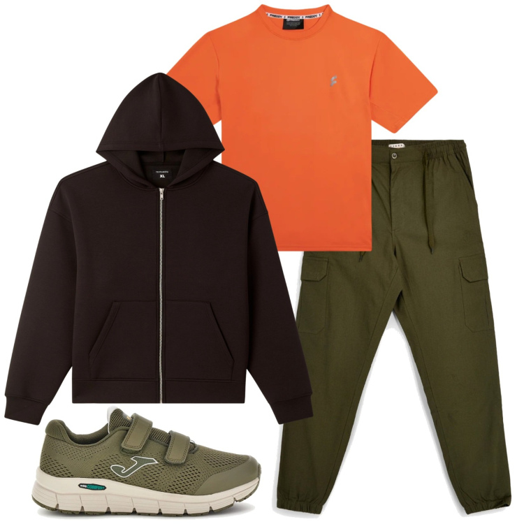 Outfit uomo - Total look #2411044. Stile Urban per Sport. Abbinamento con felpe con cappuccio, t-shirt, sneakers, pantaloni cargo.