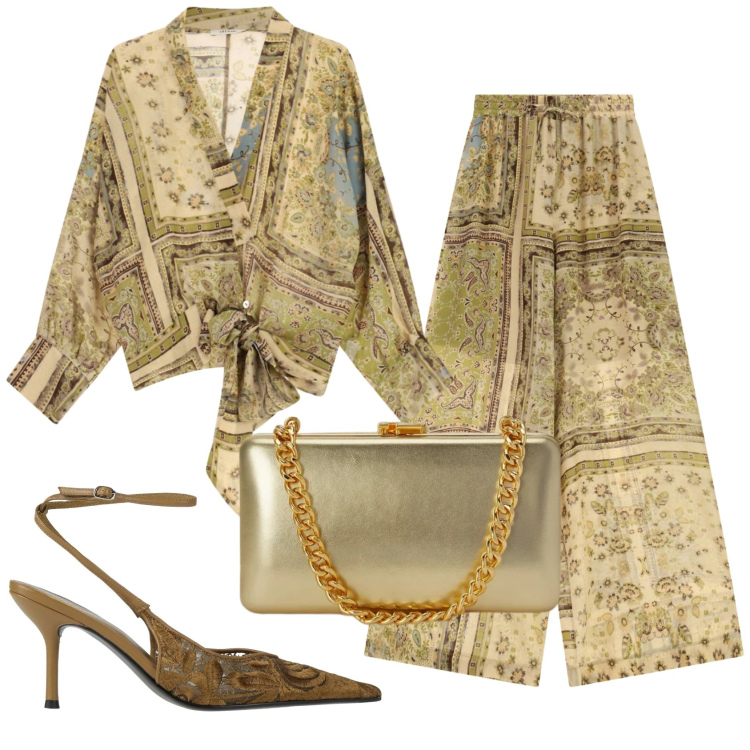 Outfit donna - Total look #2411045. Stile Trendy per Serata fuori. Abbinamento con décolleté, pantaloni a palazzo, camicie, clutch.
