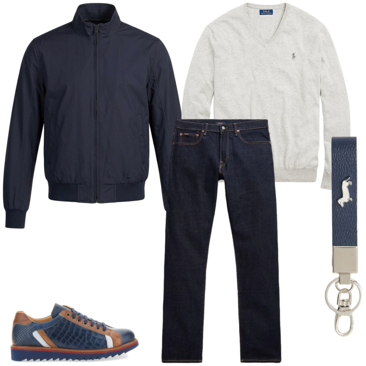 Outfit uomo - Total look #2411046. Stile Trendy per Serata speciale. Abbinamento con portachiavi, maglieria, jeans, bomber, scarpe stringate.