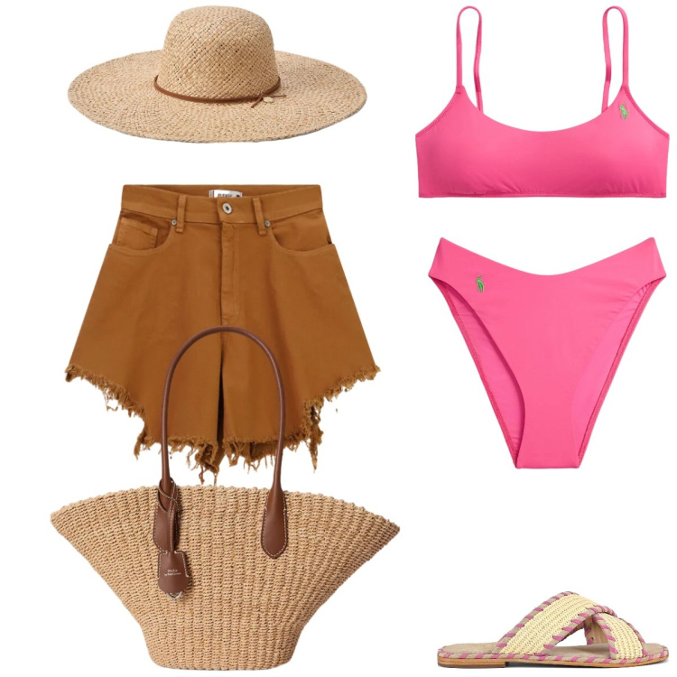 Outfit donna - Total look #2411047. Stile Casual per Mare. Abbinamento con shorts, bikini, borse tote, bikini, cappelli, ciabatte.