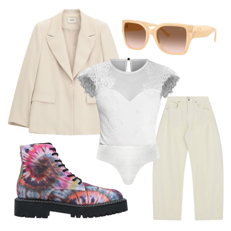 Outfit donna - Ufficio giugno. Stile Mannish per Ufficio. Abbinamento con stivaletti, top, blazer, pantaloni a palazzo, occhiali da sole.