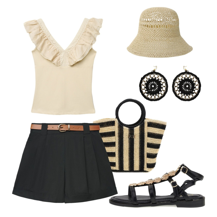 Outfit donna - City summer mood. Stile Boho per Tutti i giorni. Abbinamento con shorts, canottiere, cappelli, orecchini, borse a mano, sandali.