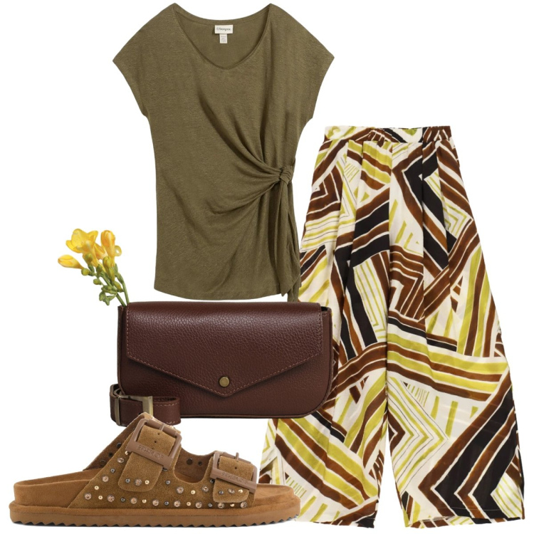 Outfit donna - Total look #2411054. Stile Casual per Tutti i giorni. Abbinamento con t-shirt, pantaloni a palazzo, borse a tracolla, sandali in pelle.