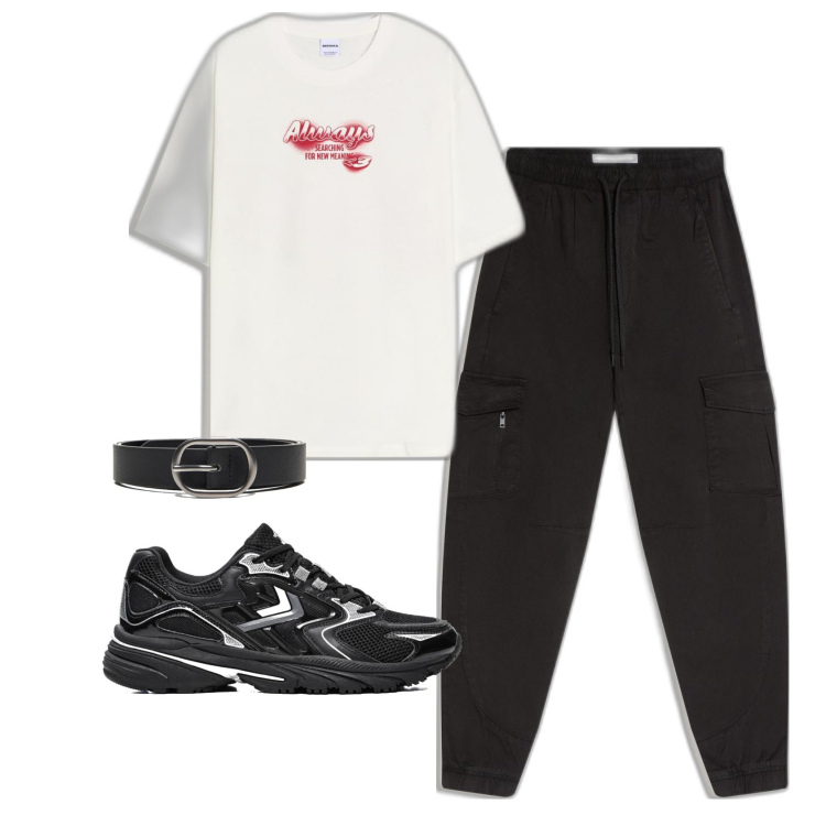 Outfit hombre - Urban style. Estilo Urban para Todos los días. Combinación con pantalones cargo, camiseta, sneakers, cinturones.