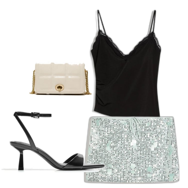 Outfit mujer - Sexy look. Estilo Sexy para Noche/Fiesta elegante. Combinación con faldas, sandalias de tacón, top, bolsos de mano.