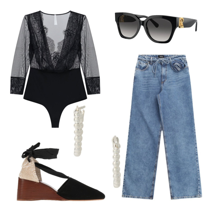 Outfit donna - Trasparenze in città. Stile Casual chic per Tutti i giorni. Abbinamento con décolleté, body, jeans, occhiali da sole, orecchini.