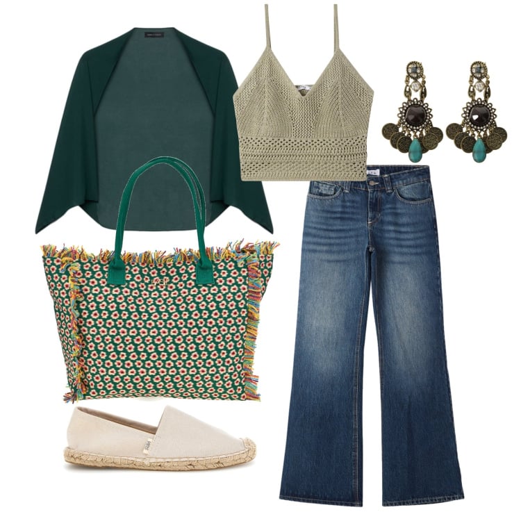 Outfit donna - Giugno. Stile Trendy per Tutti i giorni. Abbinamento con top, jeans, orecchini, blazer, shopping bag, espadrillas.