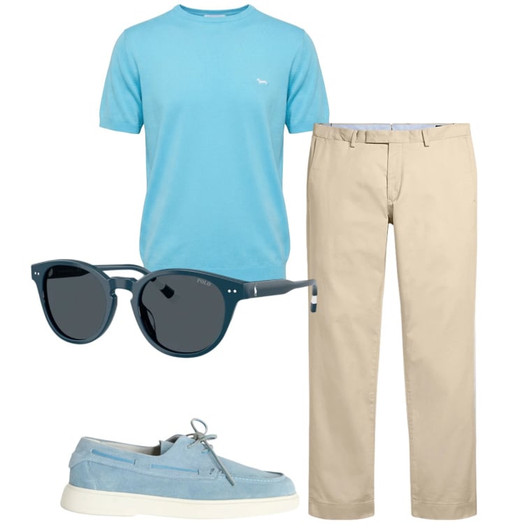 Outfit uomo - Total look #2411065. Stile Trendy per Tutti i giorni. Abbinamento con t-shirt, scarpe stringate, pantaloni chino, occhiali da sole.