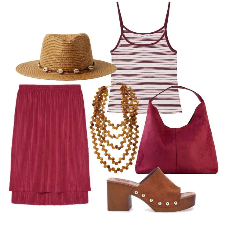 Outfit donna - Giugno. Stile Trendy per Mare. Abbinamento con borse a spalla, canottiere, cappelli, collane, gonne, zoccoli.