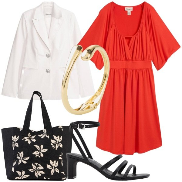 Outfit donna - L’estate firmata bonprix. Stile Glamour per Serata fuori. Abbinamento con braccialetti, blazer, shopping bag, sandali col tacco, vestiti corti.