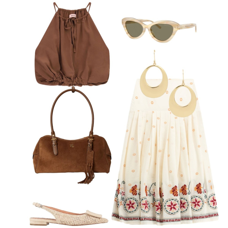 Outfit donna - Total look #2411074. Stile Casual chic per Tutti i giorni. Abbinamento con ballerine, gonne lunghe, top, occhiali da sole, borse a spalla, orecchini.