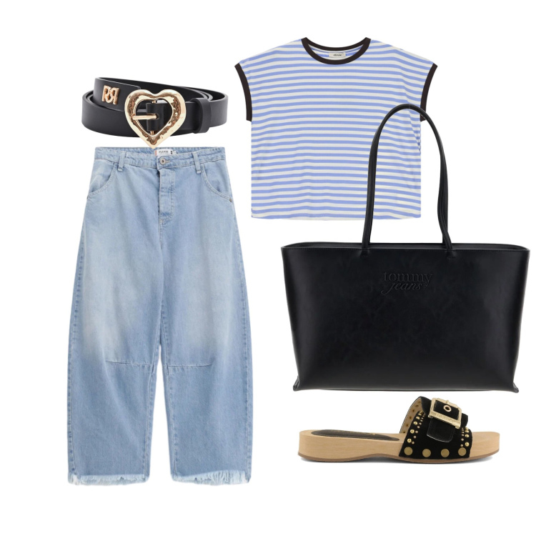 Outfit donna - Giugno. Stile Basic per Tutti i giorni. Abbinamento con cinture, jeans, top, ciabatte, borse a spalla.