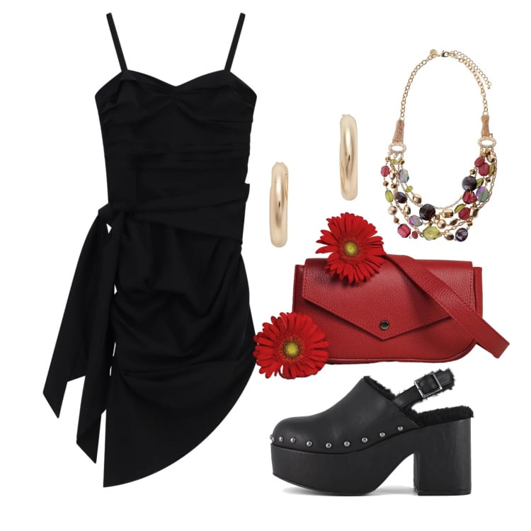 Outfit donna - Giugno. Stile Glamour per Serata fuori. Abbinamento con vestiti asimmetrici, borse a tracolla, collane, orecchini, sabot.