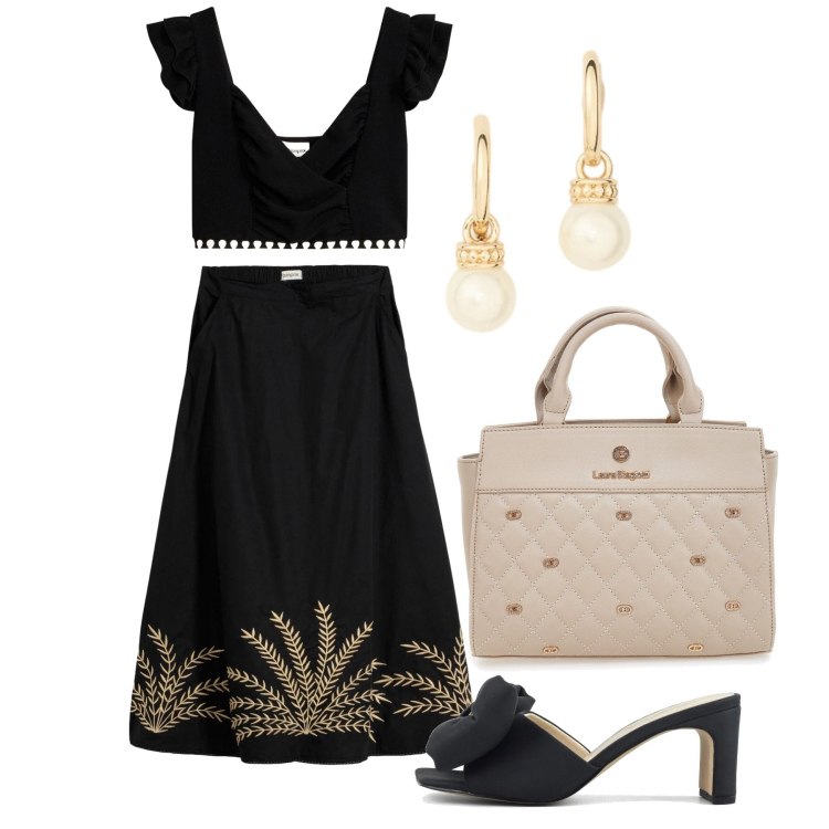 Outfit donna - Giugno. Stile Boho per Serata fuori. Abbinamento con gonne lunghe, top, orecchini, sandali col tacco, borse a mano.