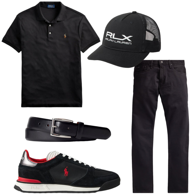 Outfit uomo - Total look #2411081. Stile Trendy per Tutti i giorni. Abbinamento con polo, cinture, jeans, cappelli con visiera, sneakers.