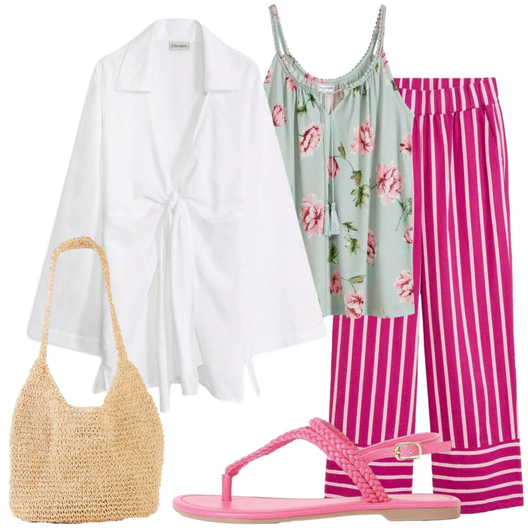 Outfit donna - Pantaloni a righe. Stile Casual per Tutti i giorni. Abbinamento con shopping bag, sandali, pantaloni, top, camicie.