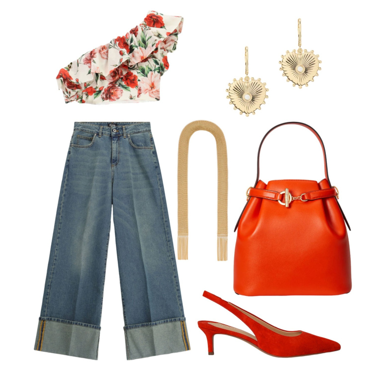 Outfit donna - Giugno. Stile Trendy per Tutti i giorni. Abbinamento con top, jeans, décolleté, borse a secchiello, collane, orecchini.