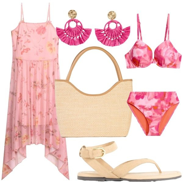 Outfit donna - Summer bonprix. Stile Casual chic per Mare. Abbinamento con orecchini, vestiti midi/longuette, shopping bag, sandali, bikini.
