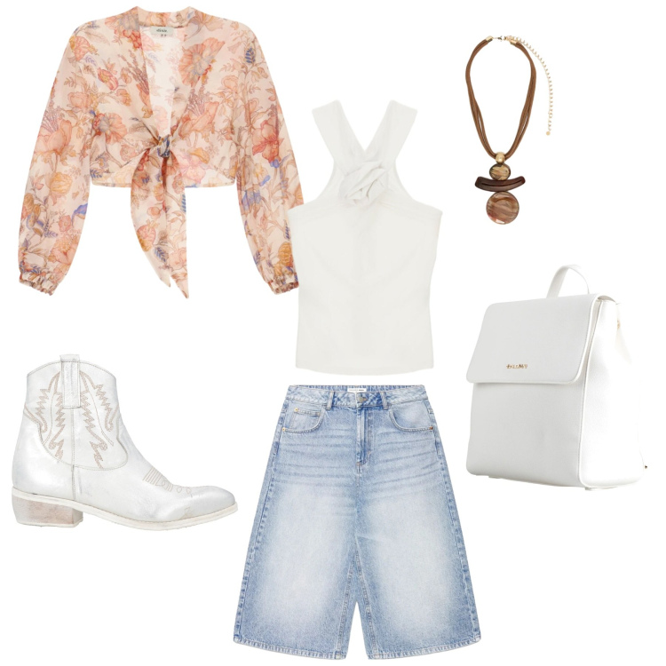 Outfit donna - In giro con le amiche. Stile Trendy per Tutti i giorni. Abbinamento con zaini, stivaletti texani, pantaloni corti, canottiere, bluse, ciondoli.