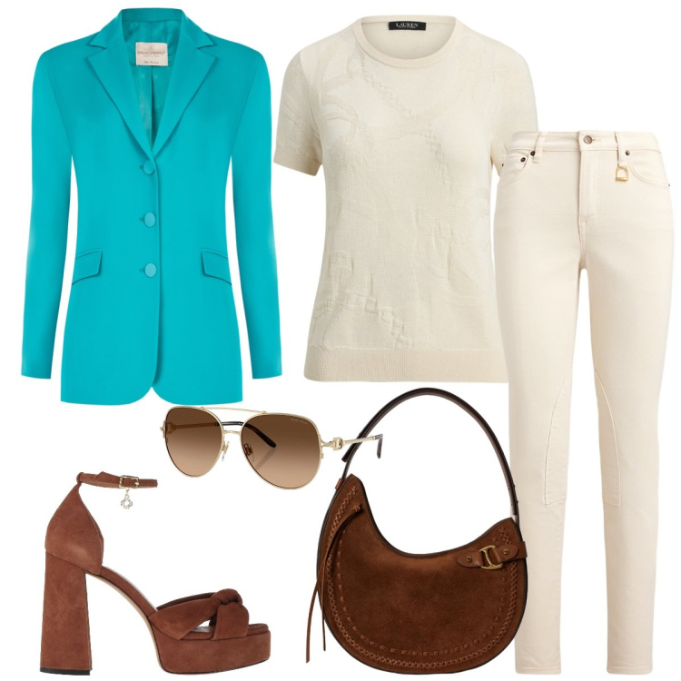 Outfit donna - Total look #2411091. Stile Casual chic per Tutti i giorni. Abbinamento con sandali in pelle, blazer, jeans skinny, t-shirt, occhiali da sole, borse a spalla.