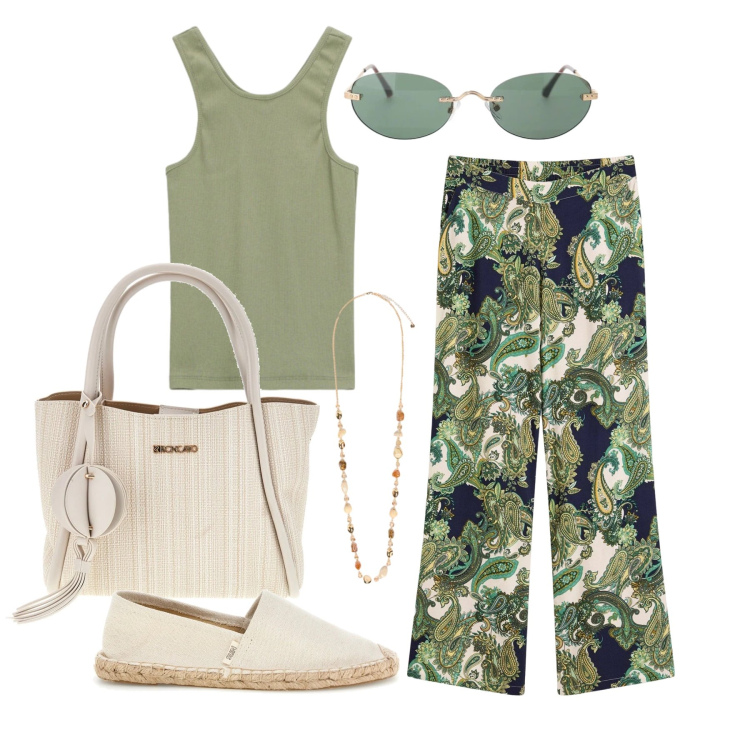 Outfit donna - Giugno. Stile Basic per Tutti i giorni. Abbinamento con pantaloni, top, occhiali da sole, collane, espadrillas, borse a tracolla.