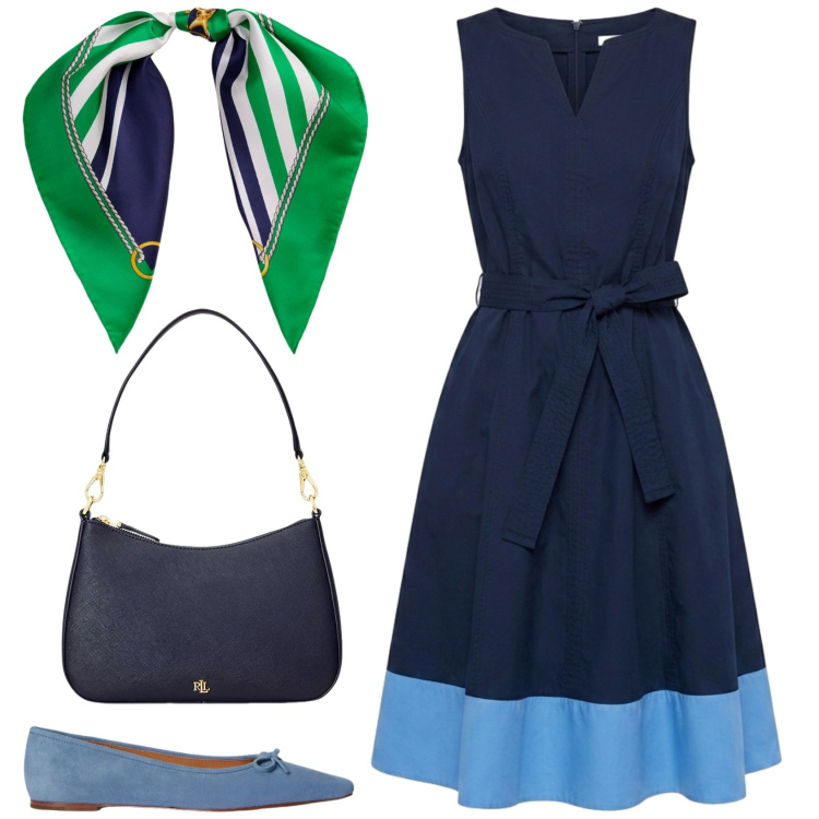 Outfit donna - Signorina per bene. Stile Vintage retrò per Serata fuori. Abbinamento con vestiti senza maniche, borse a spalla, ballerine, foulard.