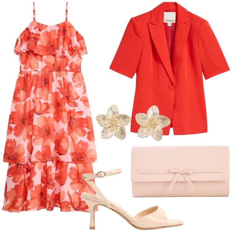 Outfit donna - Prime serate estive. Stile Romantica per Serata fuori. Abbinamento con blazer, sandali col tacco, vestiti, pochette, orecchini.