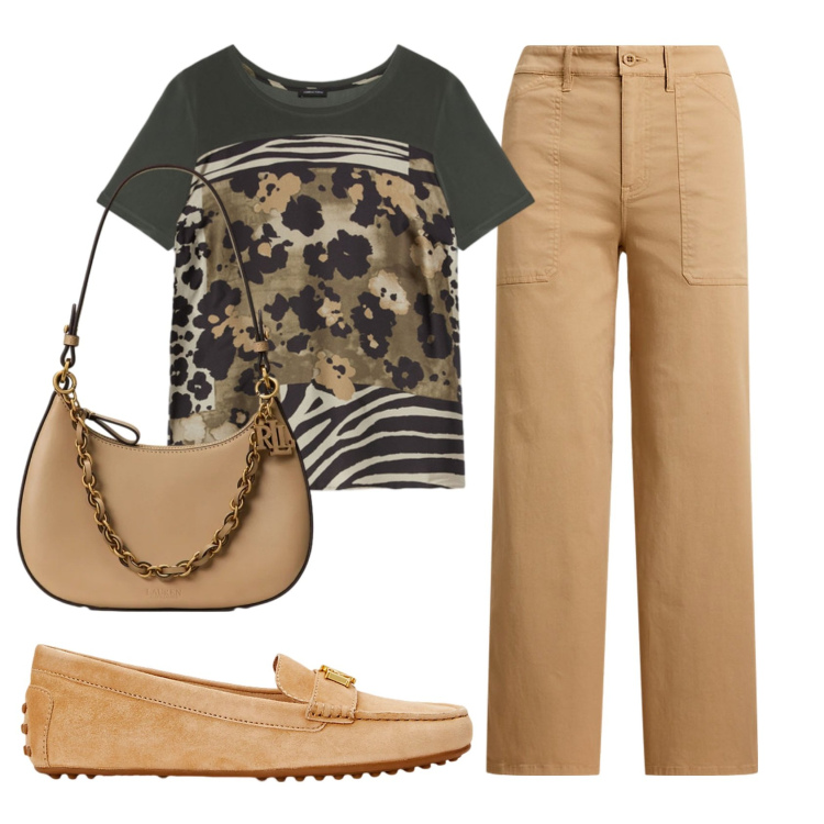 Outfit donna - Total look #2411109. Stile Basic per Ufficio. Abbinamento con t-shirt, mocassini, pantaloni, borse a spalla.
