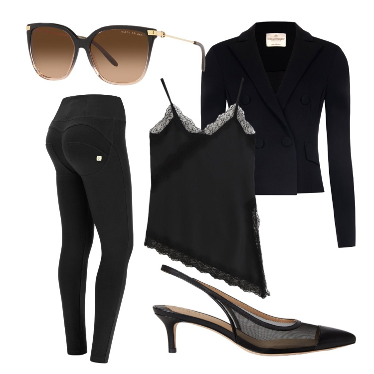Outfit donna - Spring total black. Stile Minimal per Tutti i giorni. Abbinamento con blazer, canottiere, pantaloni skinny, occhiali da sole, décolleté.